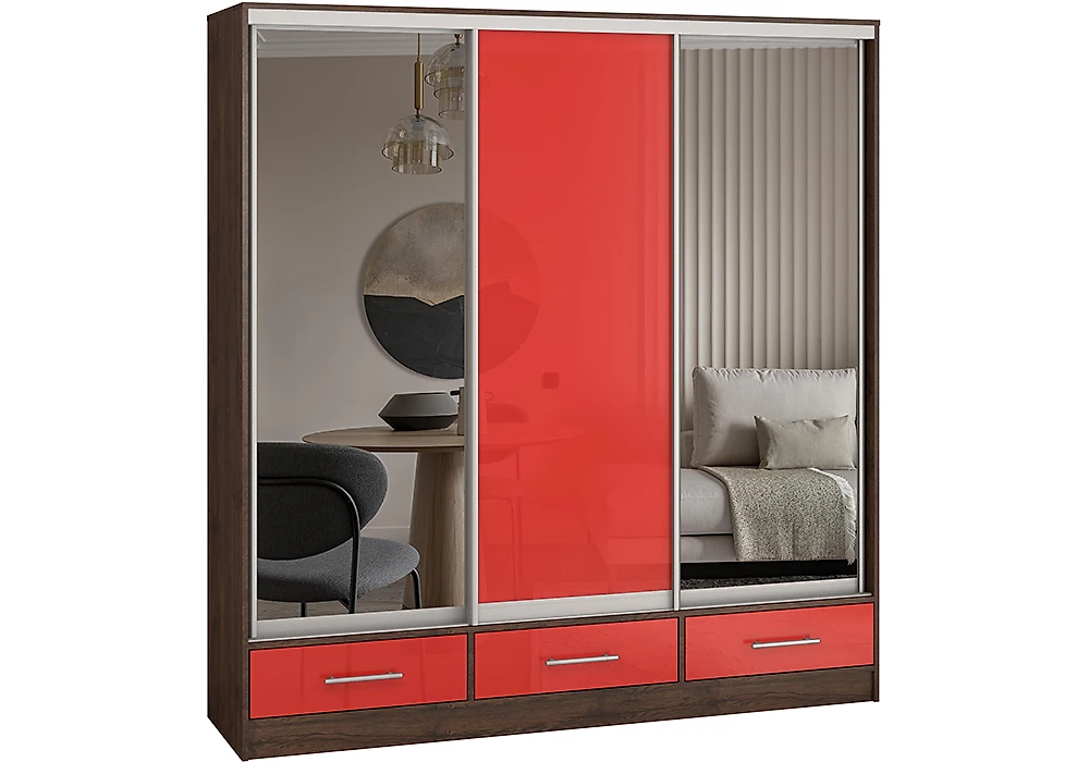 Красный шкаф-купе Версаль-190 3 двери Зеркало-МДФ-Зеркало Дизайн-2